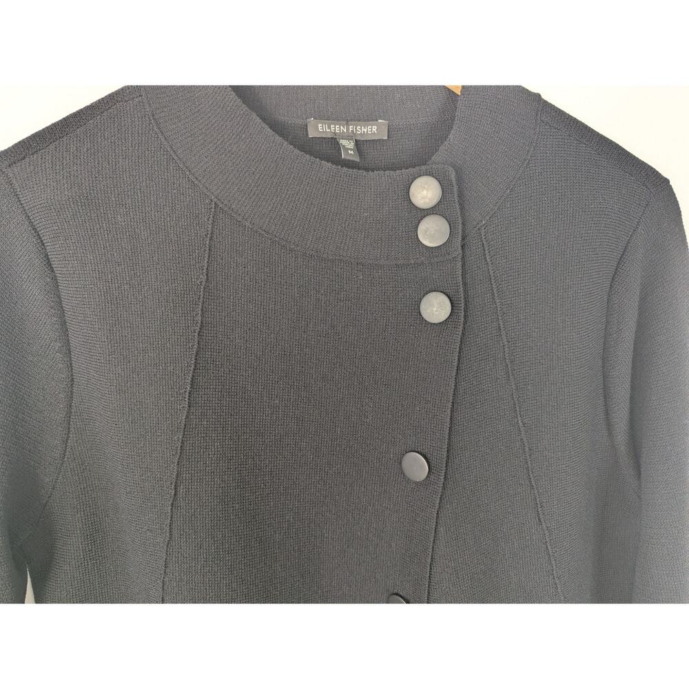 Eileen Fisher Black Minimalist Wool Asymmetrical Button Mock Neck Jacket - Picture 4 of 10